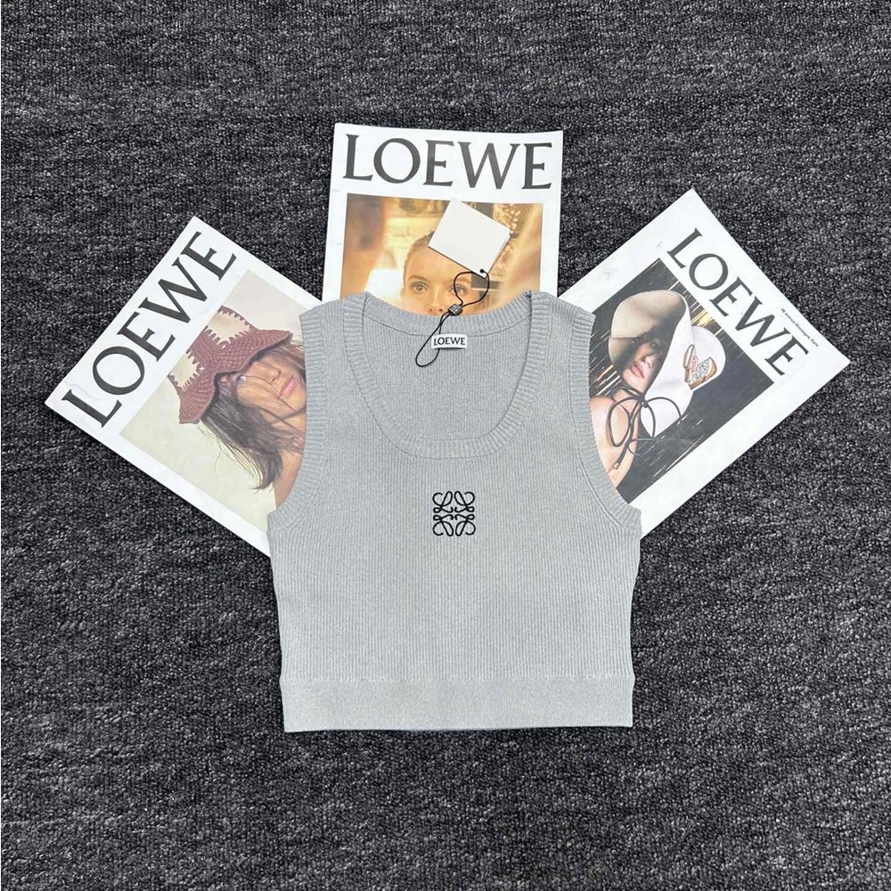 Loewe Pale Gray Ribbed Knit Sleeveless Crop Tank with Black Anagram